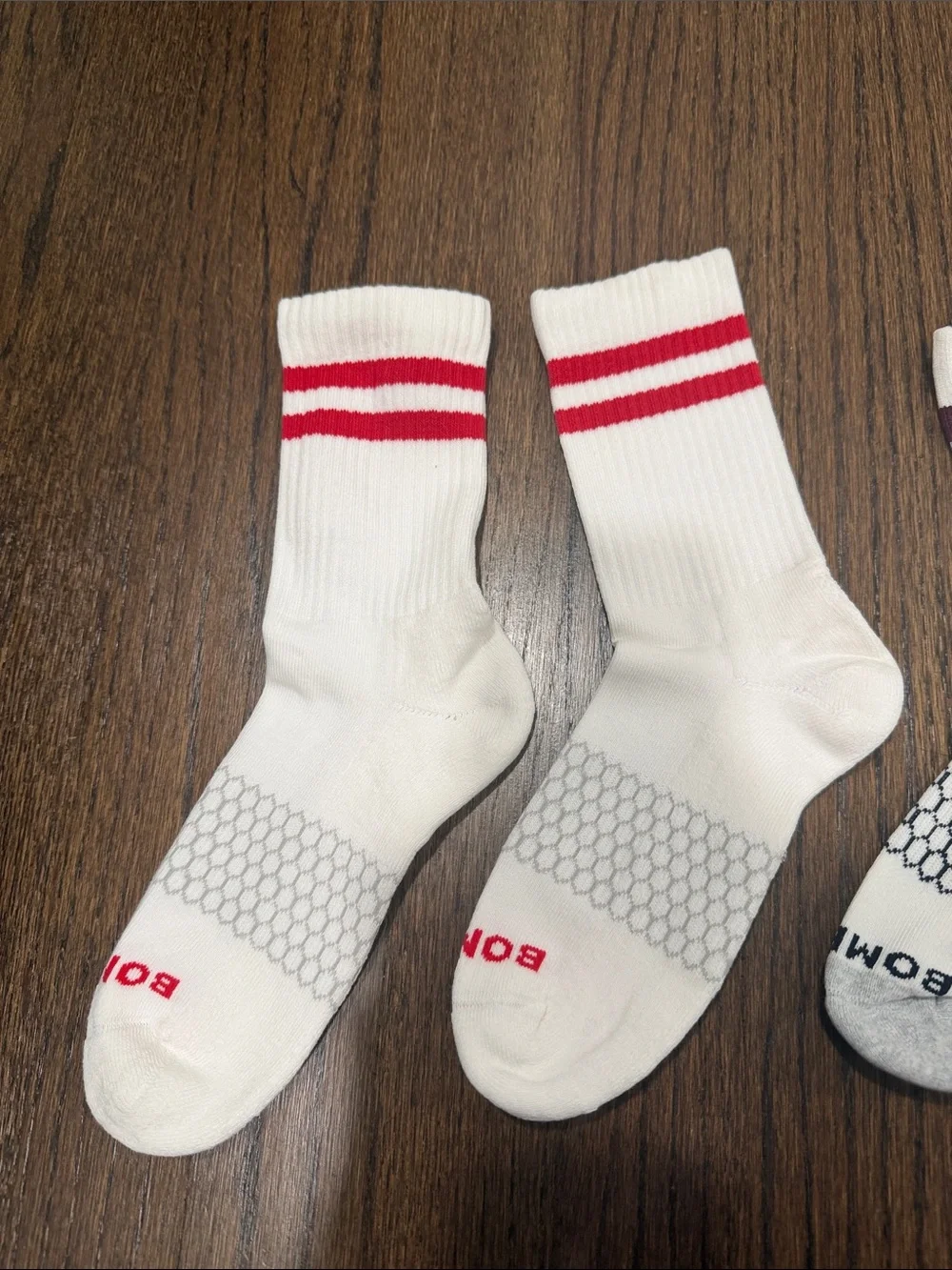Set of 2 Bombas White Athletic Crew Socks with Red and Burgundy Stripes